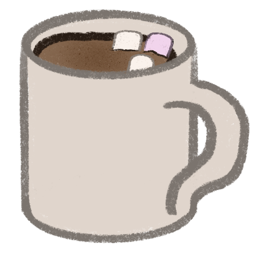  A cream mug with a brown drink inside. There are three marshmallows in the drink and coco powder sprinkled on top. 